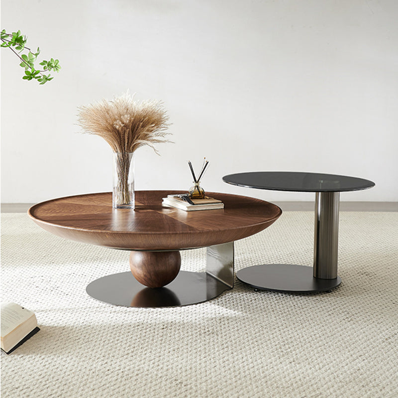 ミッドセンチュリーモダンラウンドウッド/ガラスコーヒーテーブルメタルベースアクセントテーブル