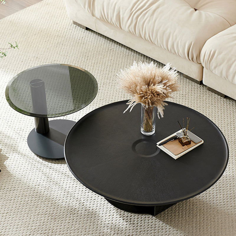 ミッドセンチュリーモダンラウンドウッド/ガラスコーヒーテーブルメタルベースアクセントテーブル