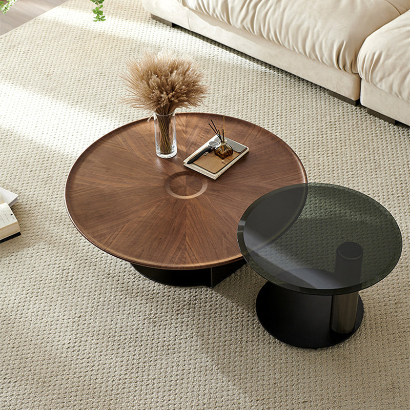 ミッドセンチュリーモダンラウンドウッド/ガラスコーヒーテーブルメタルベースアクセントテーブル