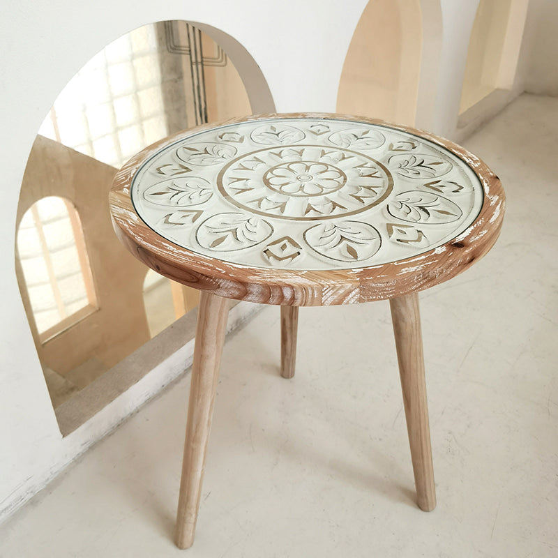 French Country 3 Legs Sofa Side Accent Table Solid Wood Round End Table