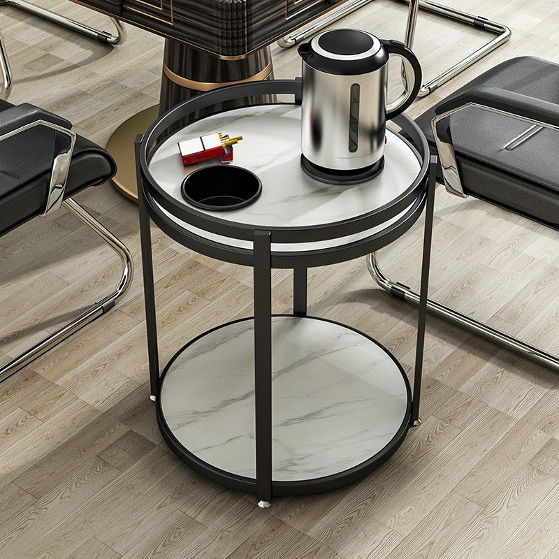 モダンメタルフレームエンドテーブルスレートラウンドダブルティアエンドテーブル