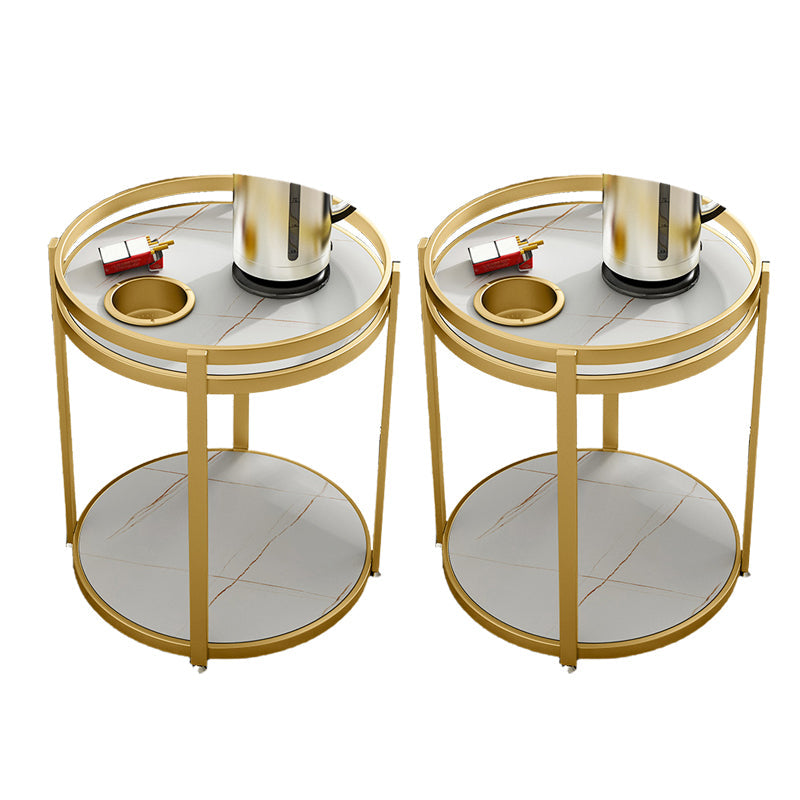 モダンメタルフレームエンドテーブルスレートラウンドダブルティアエンドテーブル