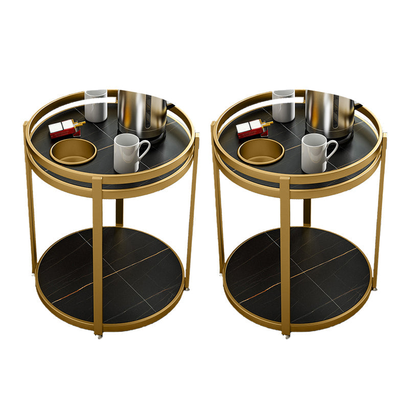 モダンメタルフレームエンドテーブルスレートラウンドダブルティアエンドテーブル