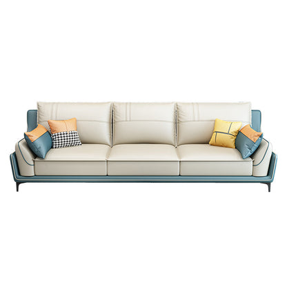 Scandinavian Faux Leather Sectional in Beige 35.43" Tall Sectional 110"L x 35.5"W x 35.5"H Horizontal Clearhalo 'furn' 'furn_sectionals' 'Furniture' 'Living Room Furniture' 'Sectionals' 5514328