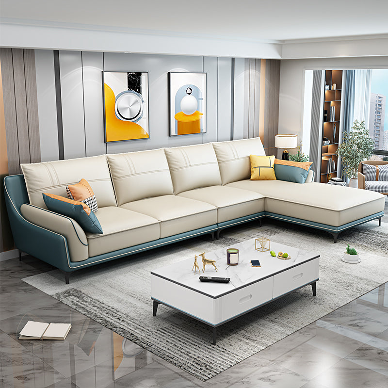 Scandinavian Faux Leather Sectional in Beige 35.43" Tall Sectional Clearhalo 'furn' 'furn_sectionals' 'Furniture' 'Living Room Furniture' 'Sectionals' 5514330