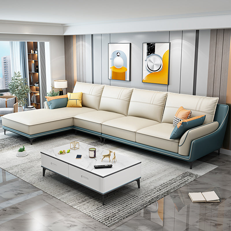 Scandinavian Faux Leather Sectional in Beige 35.43" Tall Sectional Clearhalo 'furn' 'furn_sectionals' 'Furniture' 'Living Room Furniture' 'Sectionals' 5514332