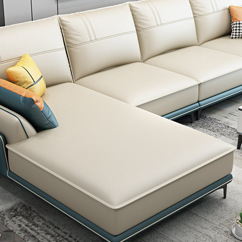 Scandinavian Faux Leather Sectional in Beige 35.43" Tall Sectional Clearhalo 'furn' 'furn_sectionals' 'Furniture' 'Living Room Furniture' 'Sectionals' 5514335