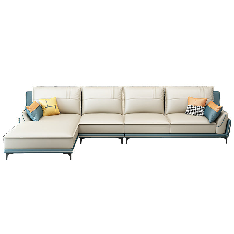 Scandinavian Faux Leather Sectional in Beige 35.43" Tall Sectional 138"L x 69"W x 35.5"H Left Clearhalo 'furn' 'furn_sectionals' 'Furniture' 'Living Room Furniture' 'Sectionals' 5514339