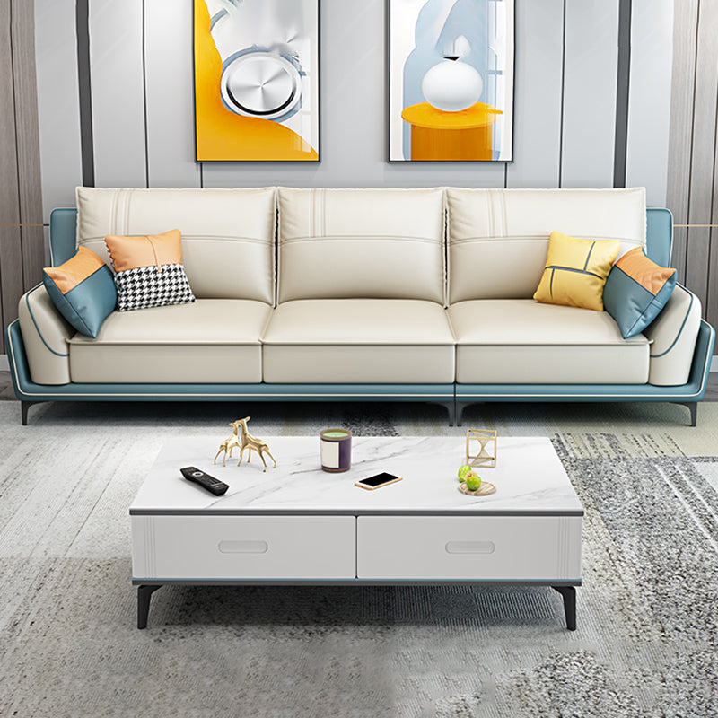 Scandinavian Faux Leather Sectional in Beige 35.43" Tall Sectional Clearhalo 'furn' 'furn_sectionals' 'Furniture' 'Living Room Furniture' 'Sectionals' 5514342