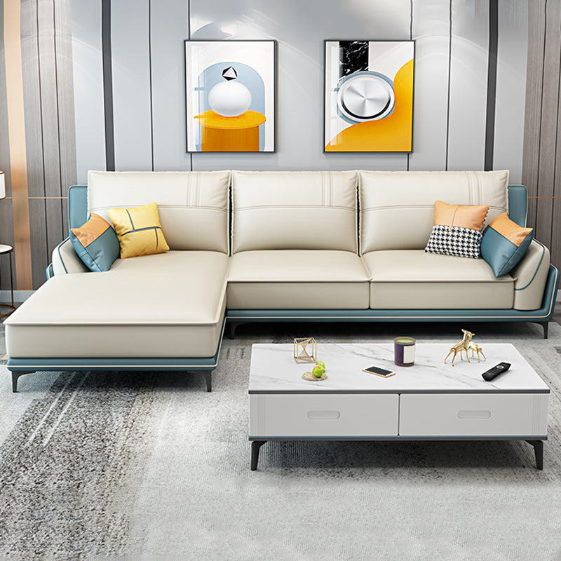 Scandinavian Faux Leather Sectional in Beige 35.43" Tall Sectional Clearhalo 'furn' 'furn_sectionals' 'Furniture' 'Living Room Furniture' 'Sectionals' 5514343