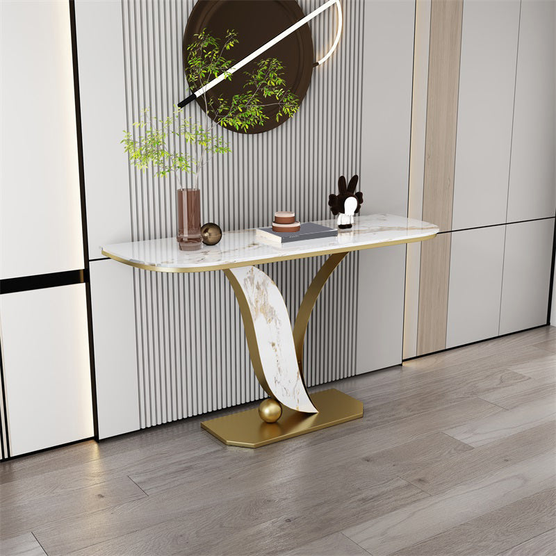 Glam Metal Half Moon Sofa Console Table Scratch Resistant Pedestal White Console Table 47"L x 12"W x 31"H Gold Clearhalo 'Console Tables' 'console_tables' 'Entry & Mudroom Furniture' 'furn' 'furn_console_tables' 'Furniture' 5514713