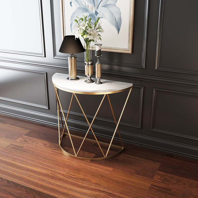 Glam Iron Sofa Table Scratch Resistant Frame Half Moon Stain Resistant Console Table 47"L x 12"W x 31"H White Clearhalo 'Console Tables' 'console_tables' 'Entry & Mudroom Furniture' 'furn' 'furn_console_tables' 'Furniture' 5514863