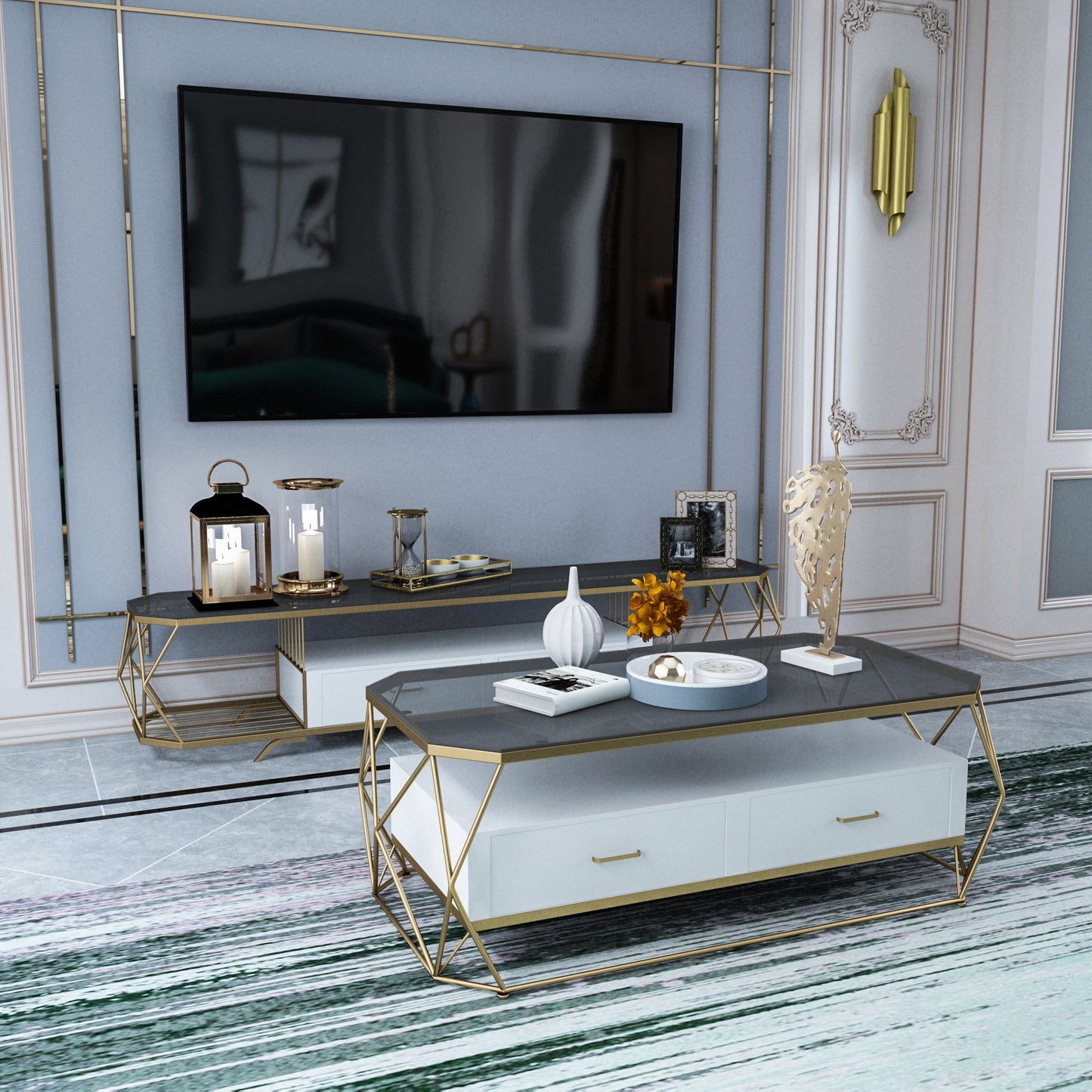17.72"H TV Stand Glam Style TV Console with 2 Drawers for Living Room Clearhalo 'furn' 'furn_tv_stands_entertainment_centers' 'Furniture' 'Living Room Furniture' 'TV Stands & Entertainment Centers' 'TV Stands & Media Storage Furniture' 'tv_stands_entertainment_centers' 5516282
