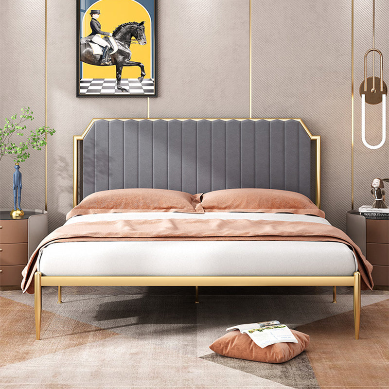 Leather Bed,Queen Metal Frame Panel Bed with Scooped Headboard Dark Gray Gold Clearhalo 'Bedroom Furniture' 'Beds' 'furn' 'furn_beds' 'Furniture' 5517692