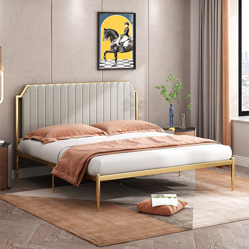Leather Bed,Queen Metal Frame Panel Bed with Scooped Headboard Grey-Gold Clearhalo 'Bedroom Furniture' 'Beds' 'furn' 'furn_beds' 'Furniture' 5517693