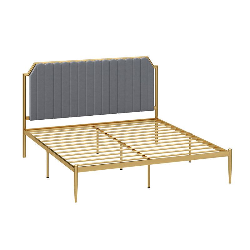 Leather Bed,Queen Metal Frame Panel Bed with Scooped Headboard Dark Gray Gold Clearhalo 'Bedroom Furniture' 'Beds' 'furn' 'furn_beds' 'Furniture' 5517706