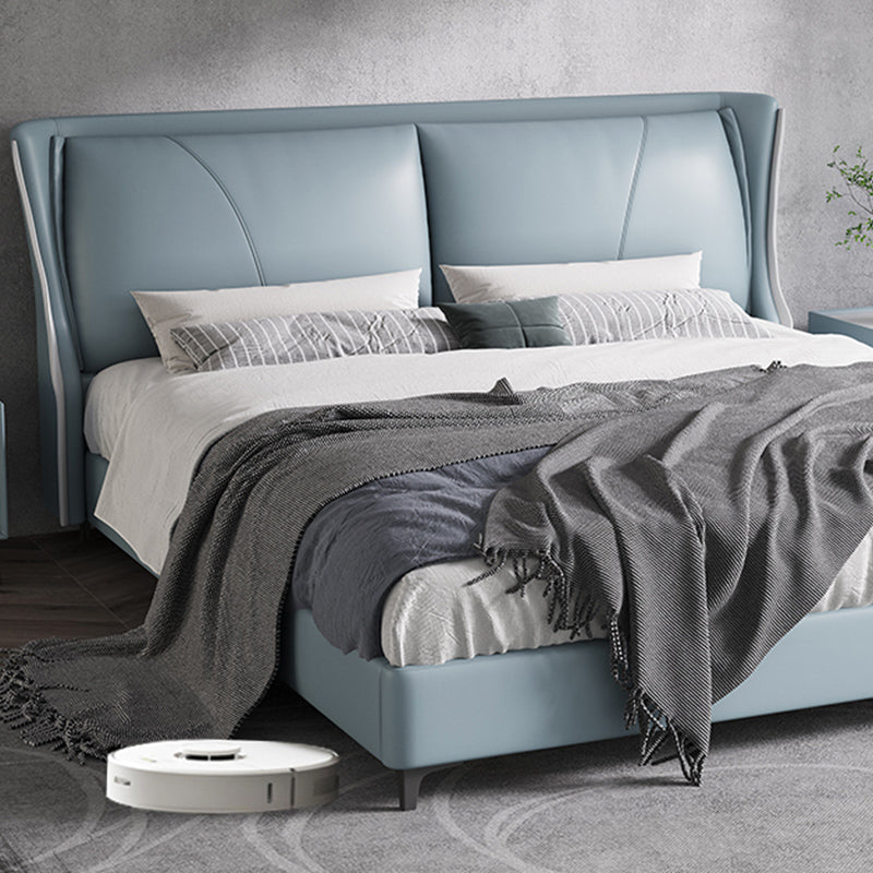 Moderne echte Lederpanel -Bettkiefernholzbett mit gepolstertem Kopfteil