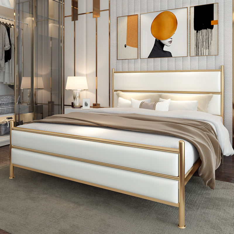 Upholstered Metal Bed with Headboard 43.3" Tall Low Profile Bed Queen Gold Clearhalo 'Bedroom Furniture' 'Beds' 'furn' 'furn_beds' 'Furniture' 5517763