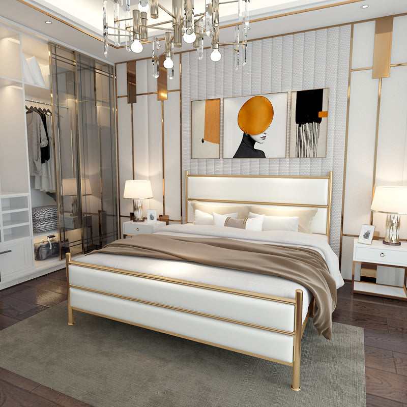 Upholstered Metal Bed with Headboard 43.3" Tall Low Profile Bed Gold Clearhalo 'Bedroom Furniture' 'Beds' 'furn' 'furn_beds' 'Furniture' 5517764