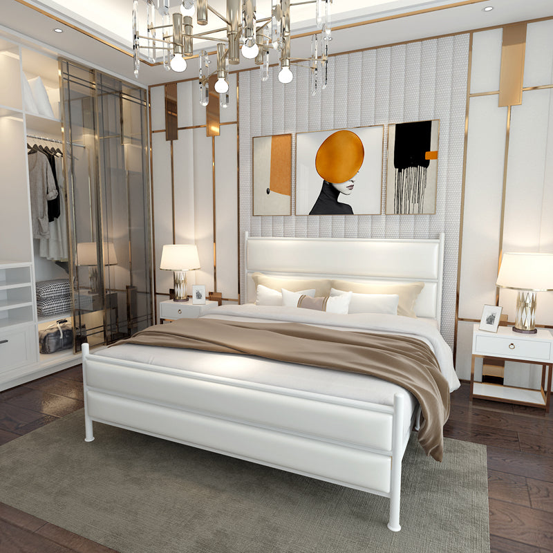 Upholstered Metal Bed with Headboard 43.3" Tall Low Profile Bed White Clearhalo 'Bedroom Furniture' 'Beds' 'furn' 'furn_beds' 'Furniture' 5517765