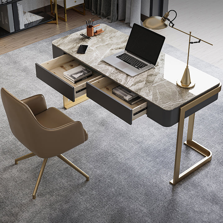 Contemporary Curved Office Desk Stone Sled Writing Desk with 2 Drawers 55.1"L x 23.6"W x 29.5"H Gray-Gold Clearhalo 'furn' 'furn_office_desk' 'Furniture' 'Office Desks' 'Office Furniture' 'office_desk' 5523370