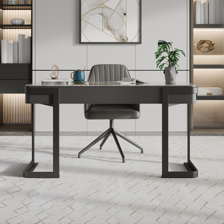 Contemporary Curved Office Desk Stone Sled Writing Desk with 2 Drawers Black-Gray Clearhalo 'furn' 'furn_office_desk' 'Furniture' 'Office Desks' 'Office Furniture' 'office_desk' 5523371