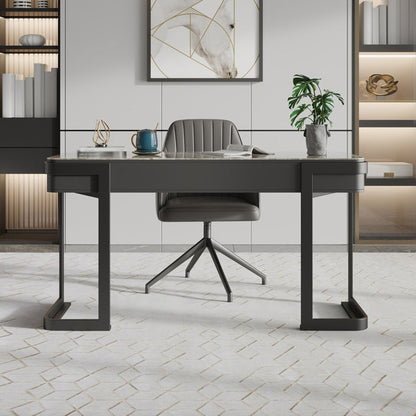 Contemporary Curved Office Desk Stone Sled Writing Desk with 2 Drawers Black-Gray Clearhalo 'furn' 'furn_office_desk' 'Furniture' 'Office Desks' 'Office Furniture' 'office_desk' 5523371