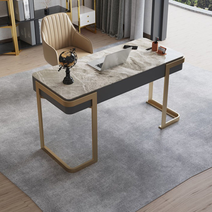 Contemporary Curved Office Desk Stone Sled Writing Desk with 2 Drawers 47.2"L x 23.6"W x 29.5"H Gray-Gold Clearhalo 'furn' 'furn_office_desk' 'Furniture' 'Office Desks' 'Office Furniture' 'office_desk' 5523372