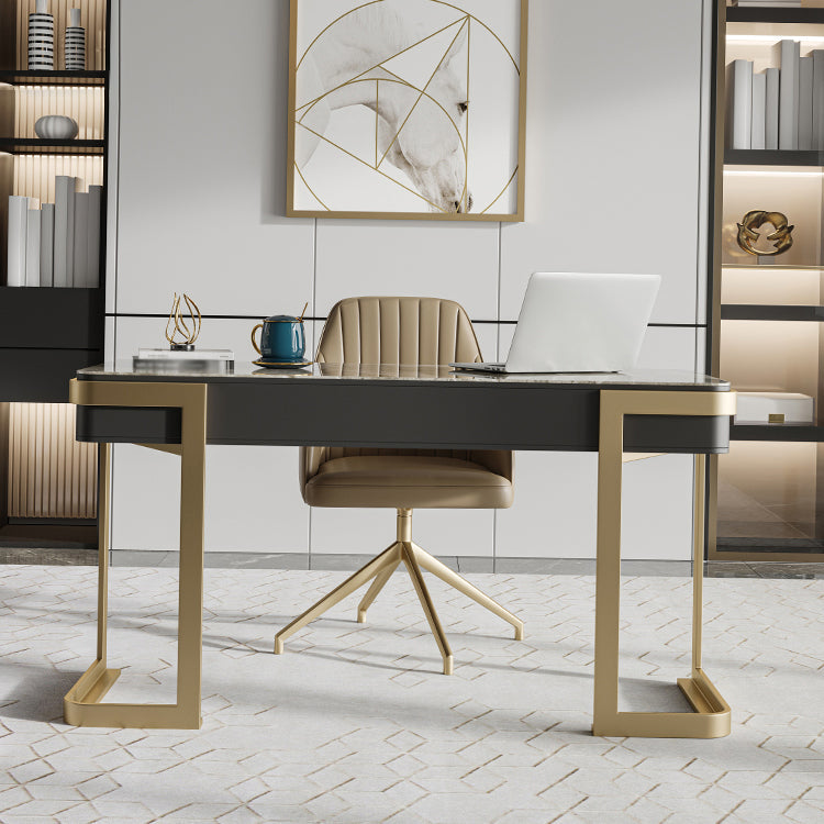 Contemporary Curved Office Desk Stone Sled Writing Desk with 2 Drawers Clearhalo 'furn' 'furn_office_desk' 'Furniture' 'Office Desks' 'Office Furniture' 'office_desk' 5523379