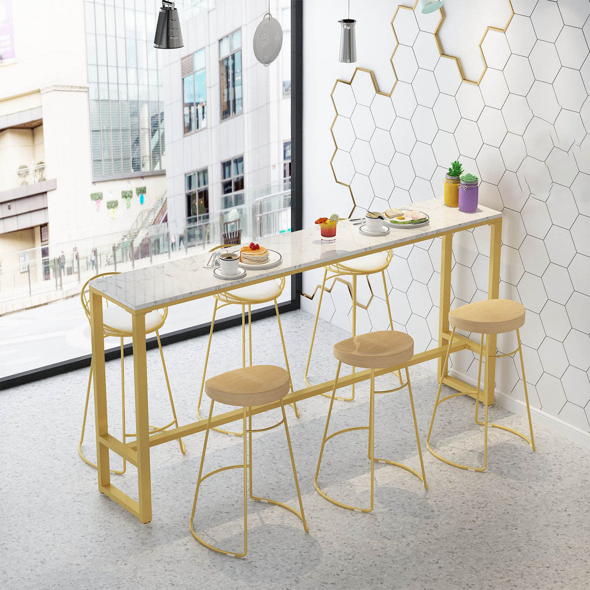 Rectangular Artificial Marble Bar Table Luxurious Bistro Table with Double Pedestal 70.9"L x 15.7"W x 41.3"H Without Chairs Clearhalo 'Bar Furniture' 'Bar Tables' 'bar_tables' 'furn' 'furn_bar_tables' 'Furniture' 'Kitchen & Dining Furniture' 5527474