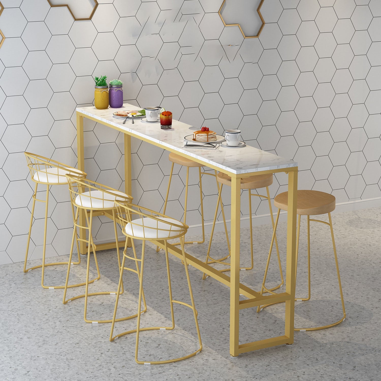 Rectangular Artificial Marble Bar Table Luxurious Bistro Table with Double Pedestal 78.7"L x 15.7"W x 41.3"H Without Chairs Clearhalo 'Bar Furniture' 'Bar Tables' 'bar_tables' 'furn' 'furn_bar_tables' 'Furniture' 'Kitchen & Dining Furniture' 5527475