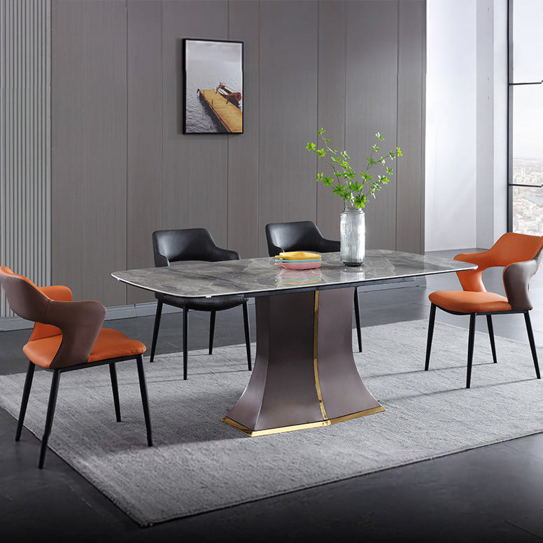 Modern Gray Sintered Stone Dining Table Set 1/2/5/7 Pieces Dining Set 5 Pieces: Table, 2 Grey+2 Orange Chairs Clearhalo 'Dining Room Sets' 'Dining Tables & Seating' 'dining_room_set' 'furn' 'furn_dining_room_set' 'Furniture' 'Kitchen & Dining Furniture' 5528657