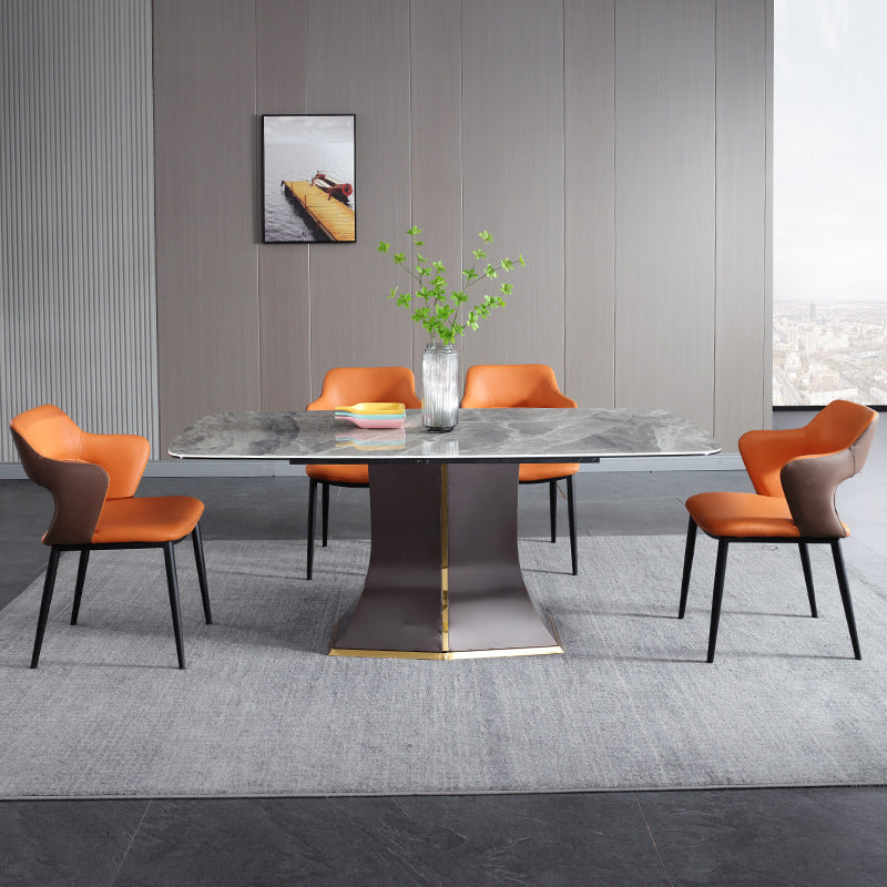 Modern Gray Sintered Stone Dining Table Set 1/2/5/7 Pieces Dining Set 5 Pieces: Table, 4 Orange Chairs Clearhalo 'Dining Room Sets' 'Dining Tables & Seating' 'dining_room_set' 'furn' 'furn_dining_room_set' 'Furniture' 'Kitchen & Dining Furniture' 5528661