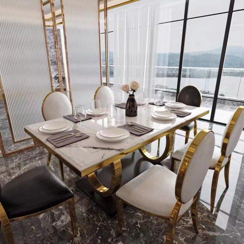 Traditional Luxury Rectangle Dining Table Marble and Metal Gold Base Table
