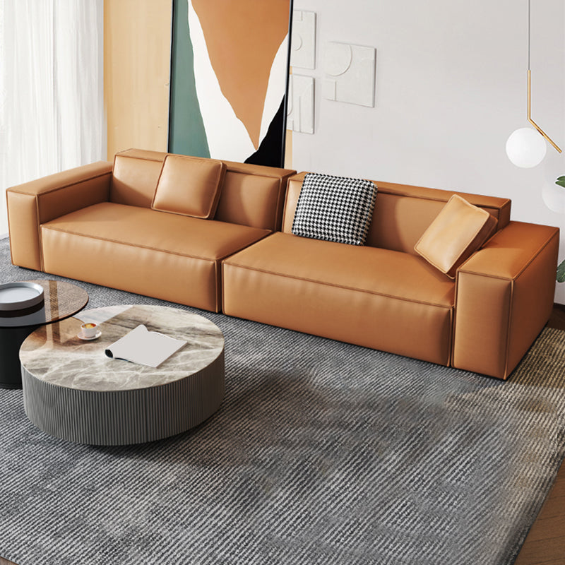Contemporary Square Arm Sectional Orange Faux Leather Sectional 126"L x 37"W x 26"H Horizontal Latex Clearhalo 'furn' 'furn_sectionals' 'Furniture' 'Living Room Furniture' 'Sectionals' 5532930