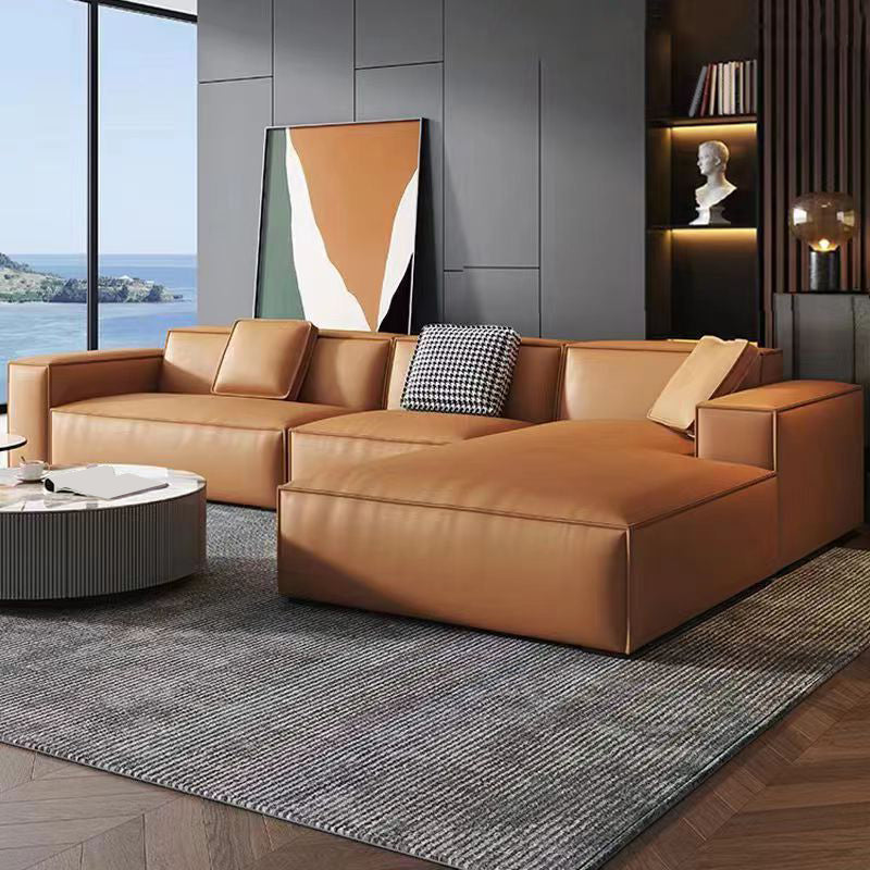 Contemporary Square Arm Sectional Orange Faux Leather Sectional 142"L x 67"W x 26"H Right Sponge Clearhalo 'furn' 'furn_sectionals' 'Furniture' 'Living Room Furniture' 'Sectionals' 5532931
