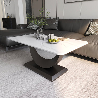 Glam Stone Coffee Table with Steel Pedestal Base and Rectangle Top Black White Clearhalo 'Coffee & Accent Tables' 'Coffee Tables' 'coffee_tables' 'furn' 'furn_coffee_tables' 'Furniture' 'Living Room Furniture' 5533666