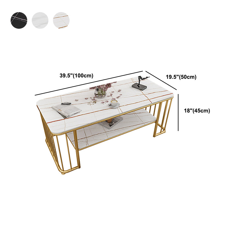 Glam Rectangle Coffee Table with Golden Frame Base and Storage Shelf