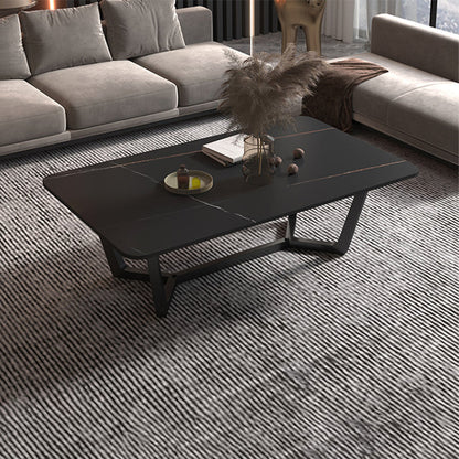 Glam Style Rectangular Slate Table with Trestle Shaped Base Design Coffee Table 39.5"L x 19.5"W x 18"H Black Gold