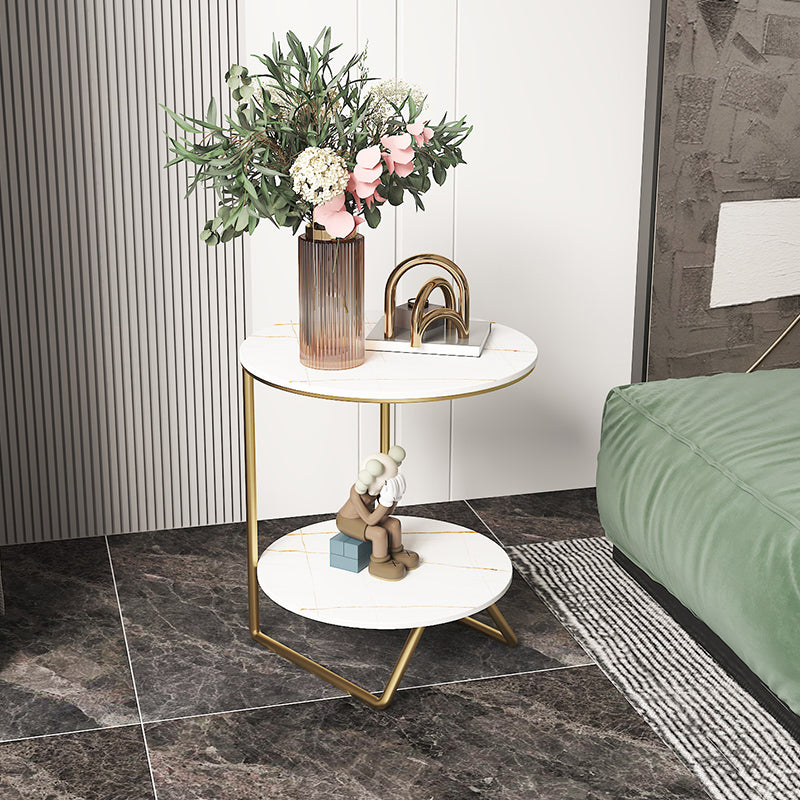 Modern Metal C Side Table Round Slate Side End Table with Shelf