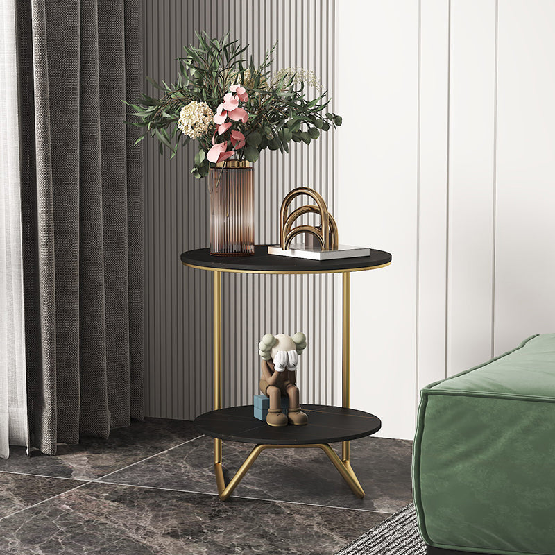 Modern Metal C Side Table Round Slate Side End Table with Shelf