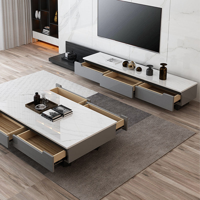 TV-Ständer im zeitgenössischen Stil, graue TV-Konsole mit Schubladen für das Wohnzimmer