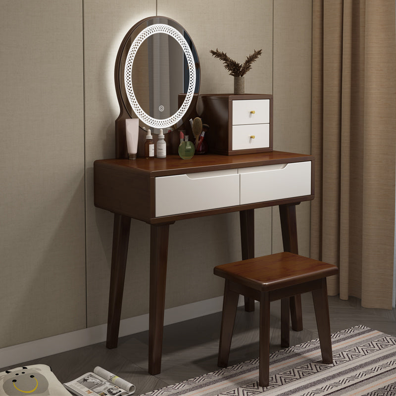 Scandinavian Wooden Make-up Vanity With Drawer in Brown for Bedroom Makeup Vanity & Mirror & Stools 31"L x 16"W x 30"H Walnut White Clearhalo 'Bedroom Furniture' 'furn' 'furn_makeup_vanities' 'Furniture' 'Makeup Vanities' 'makeup_vanities' 5535802