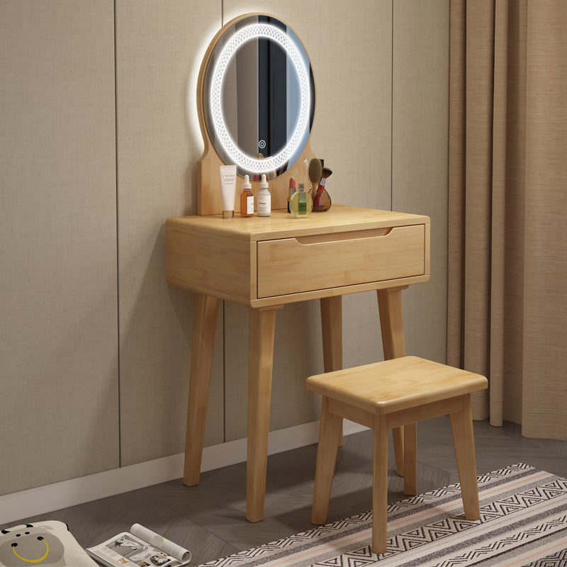 Scandinavian Wooden Make-up Vanity With Drawer in Brown for Bedroom Makeup Vanity & Mirror & Stools 24"L x 16"W x 30"H Wood Clearhalo 'Bedroom Furniture' 'furn' 'furn_makeup_vanities' 'Furniture' 'Makeup Vanities' 'makeup_vanities' 5535803