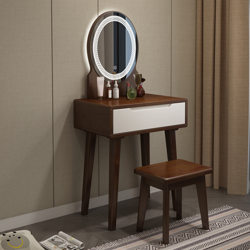 Scandinavian Wooden Make-up Vanity With Drawer in Brown for Bedroom Makeup Vanity & Mirror & Stools 24"L x 16"W x 30"H Walnut White Clearhalo 'Bedroom Furniture' 'furn' 'furn_makeup_vanities' 'Furniture' 'Makeup Vanities' 'makeup_vanities' 5535804