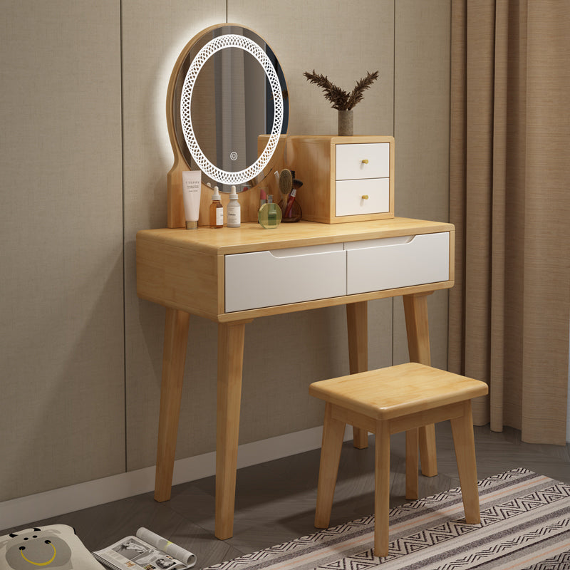 Scandinavian Wooden Make-up Vanity With Drawer in Brown for Bedroom Makeup Vanity & Mirror & Stools 31"L x 16"W x 30"H Natural Wood White Clearhalo 'Bedroom Furniture' 'furn' 'furn_makeup_vanities' 'Furniture' 'Makeup Vanities' 'makeup_vanities' 5535807