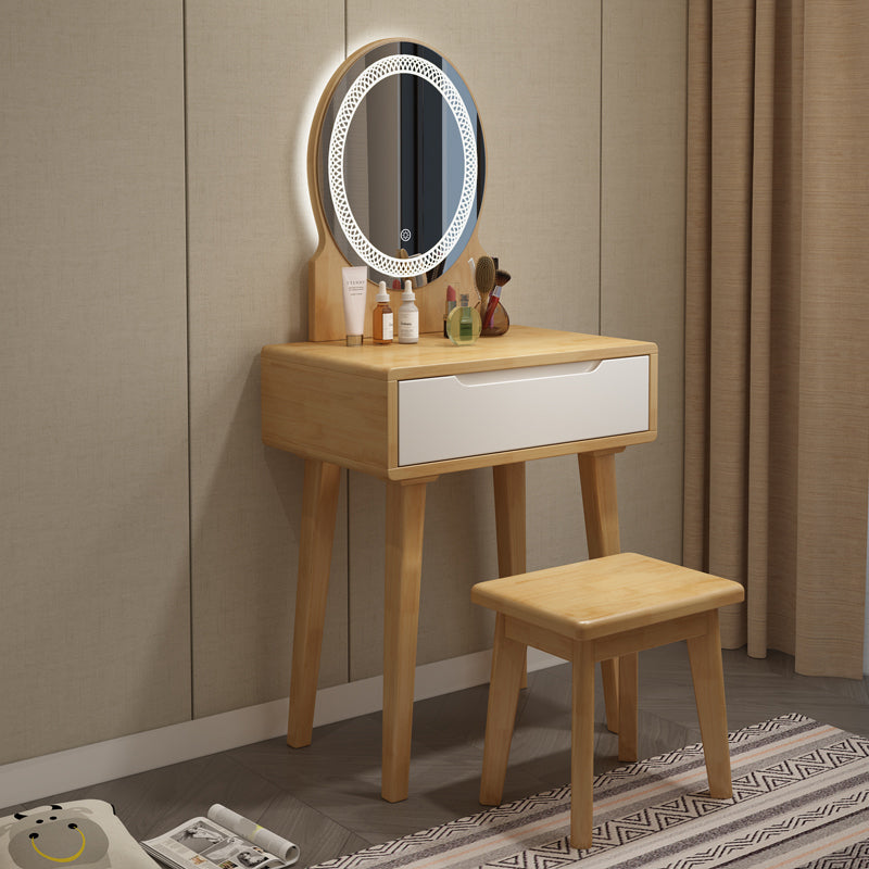 Scandinavian Wooden Make-up Vanity With Drawer in Brown for Bedroom Makeup Vanity & Mirror & Stools 24"L x 16"W x 30"H Natural Wood White Clearhalo 'Bedroom Furniture' 'furn' 'furn_makeup_vanities' 'Furniture' 'Makeup Vanities' 'makeup_vanities' 5535809