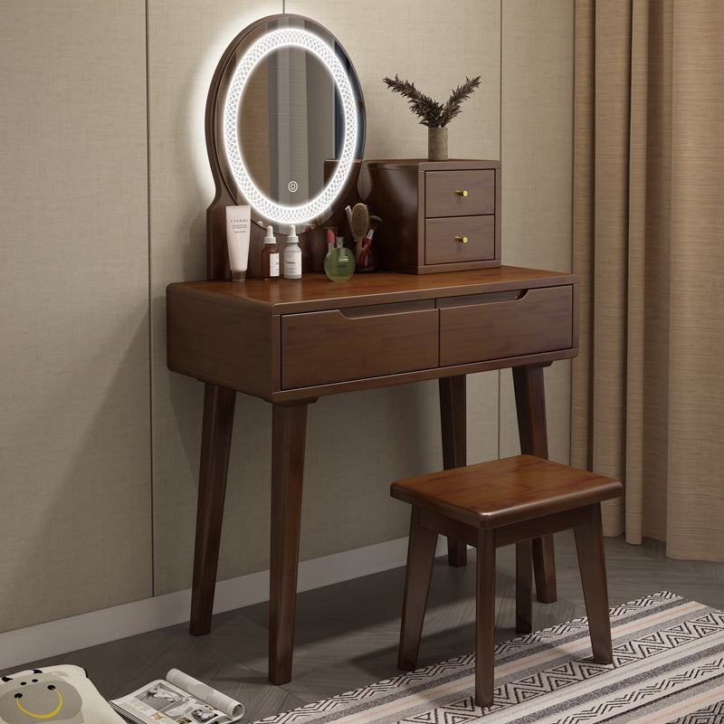 Scandinavian Wooden Make-up Vanity With Drawer in Brown for Bedroom Makeup Vanity & Mirror & Stools 31"L x 16"W x 30"H Walnut Clearhalo 'Bedroom Furniture' 'furn' 'furn_makeup_vanities' 'Furniture' 'Makeup Vanities' 'makeup_vanities' 5535811
