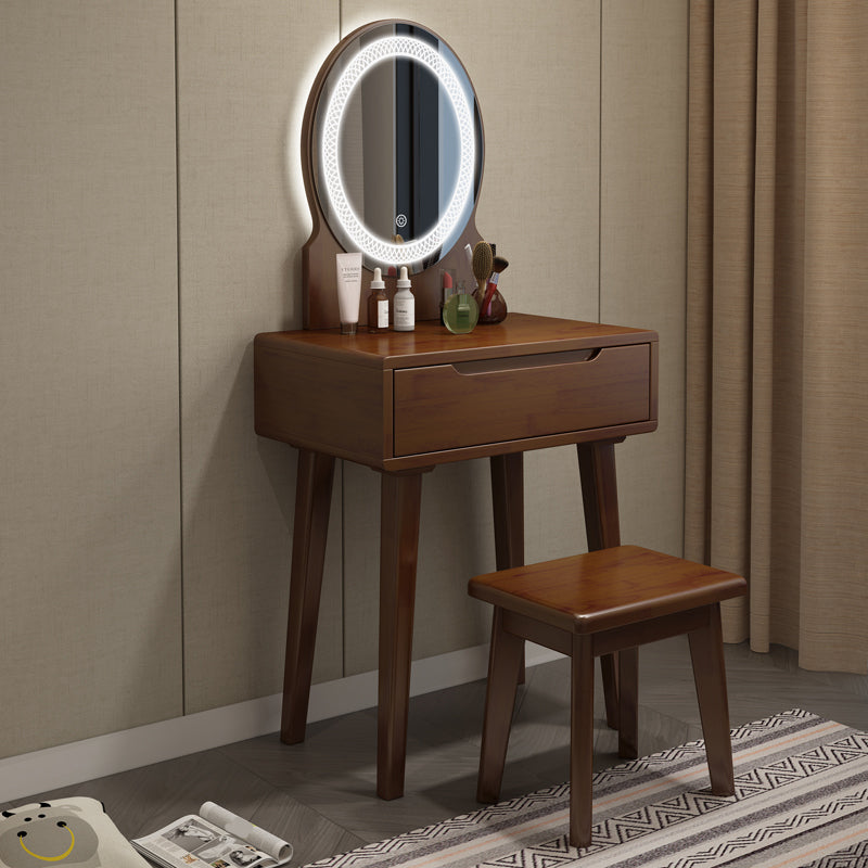 Scandinavian Wooden Make-up Vanity With Drawer in Brown for Bedroom Makeup Vanity & Mirror & Stools 24"L x 16"W x 30"H Walnut Clearhalo 'Bedroom Furniture' 'furn' 'furn_makeup_vanities' 'Furniture' 'Makeup Vanities' 'makeup_vanities' 5535813