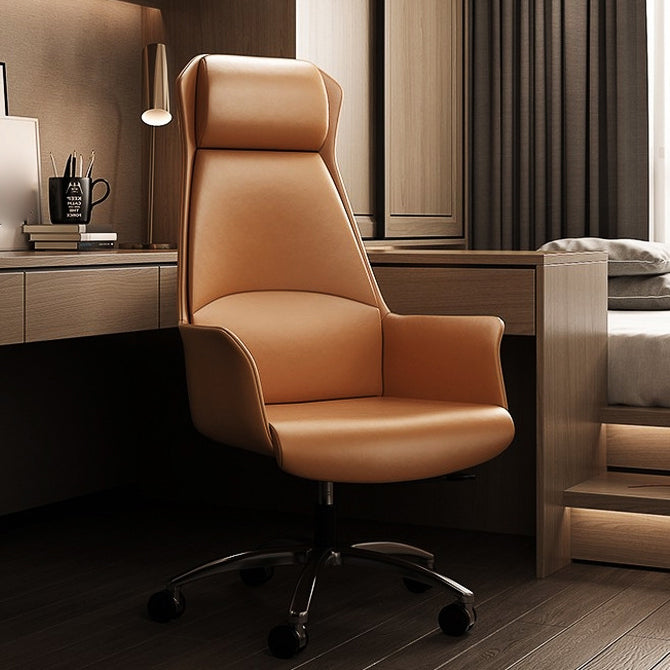 Modern Style Task Chair Leather Office Chair with Fixed Arms Brown 1 Piece With Headrest Clearhalo 'furn' 'furn_office_chair' 'Furniture' 'Office Chairs' 'Office Furniture' 'office_chair' 5536862